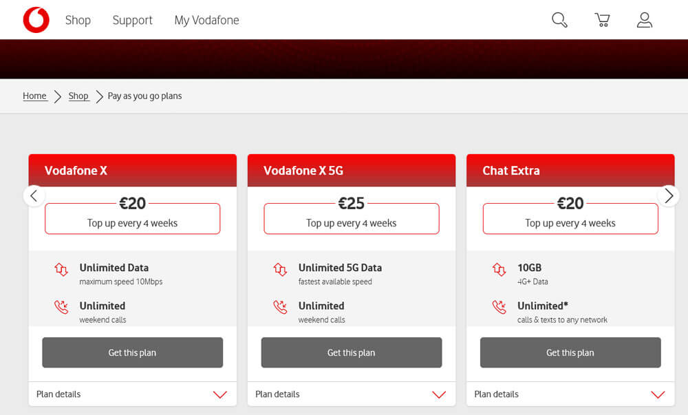 Vodafone IE PayGo 爱尔兰保号卡